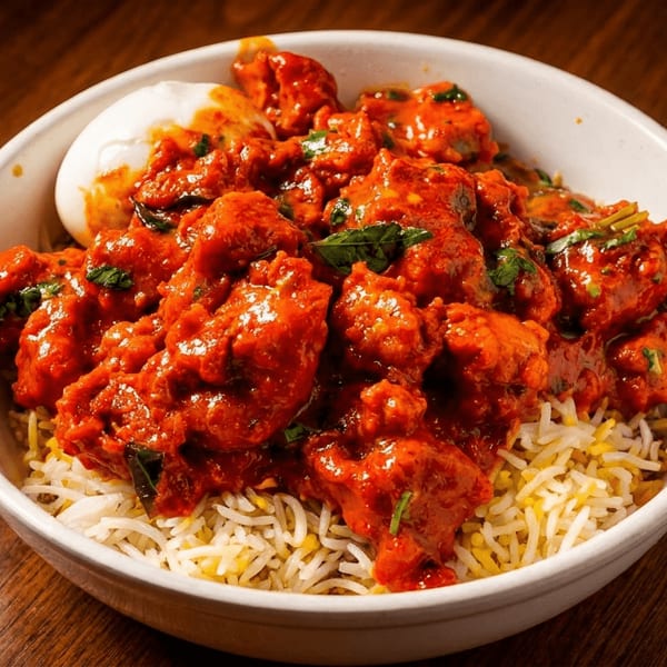 Red saucy chicken with herbs over white rice and a dollop of yogurt in a white bowl.