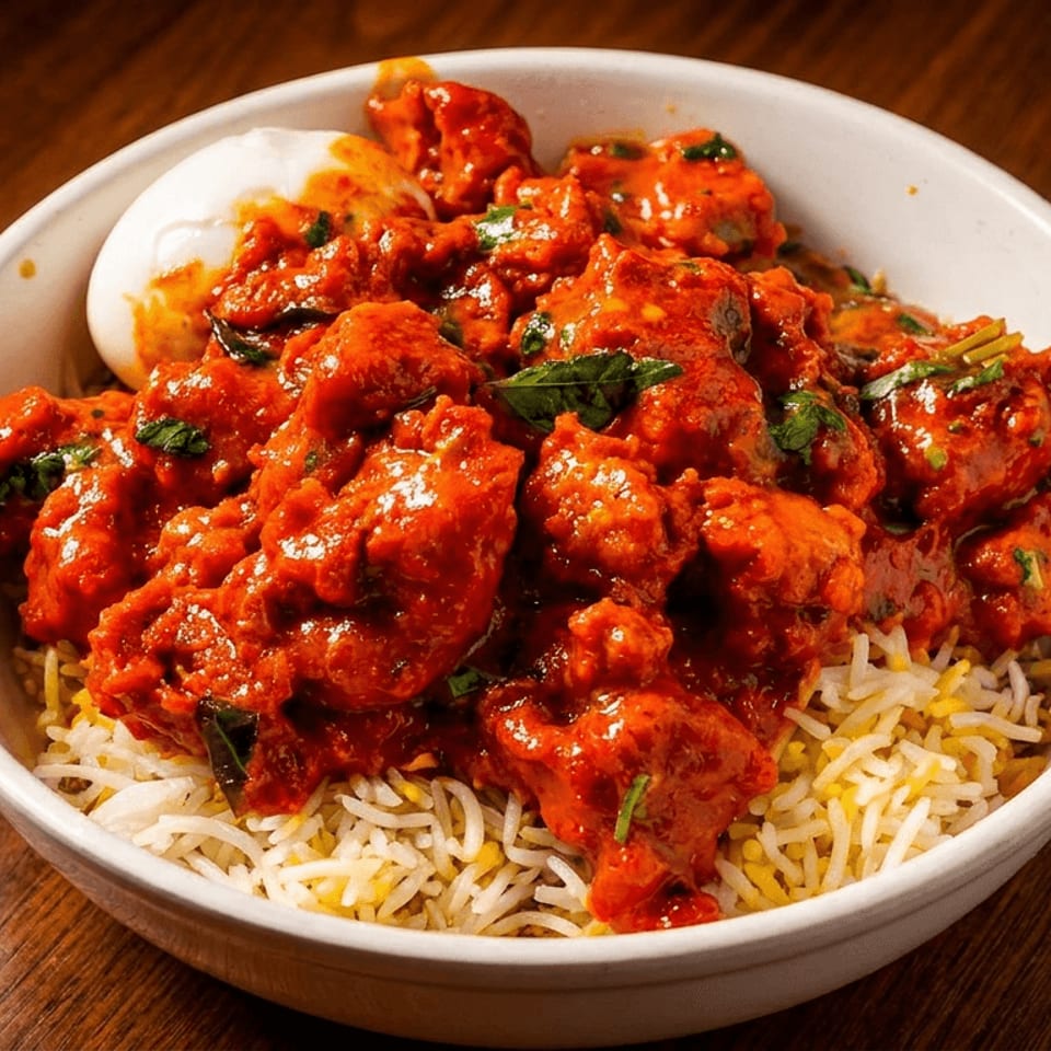 Red saucy chicken with herbs over white rice and a dollop of yogurt in a white bowl.